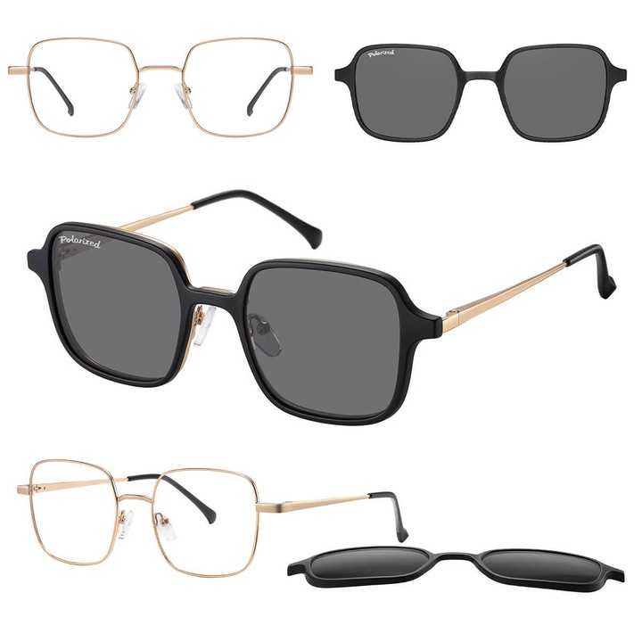 Ochelari unisex, Sunoptic, cu clip-on polarizant, aurii