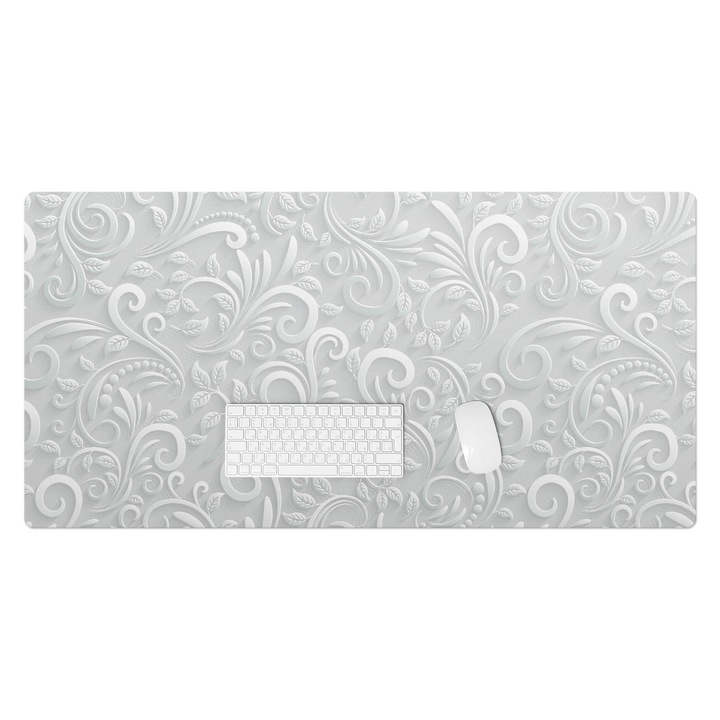 Mapa pentru birou, Wallfluent, Ornament elegant de frunze, Gri, 120x60 cm, 010250300030100033982