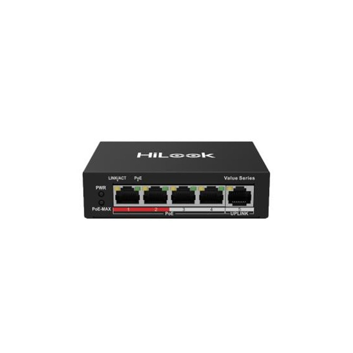 Switch PoE cu 4 porturi HikVision HiLook NS-0105P-35(B), 10/100 Mbps, 1 Gbps, 0.744 Mpps, MAC 1K, fara management
