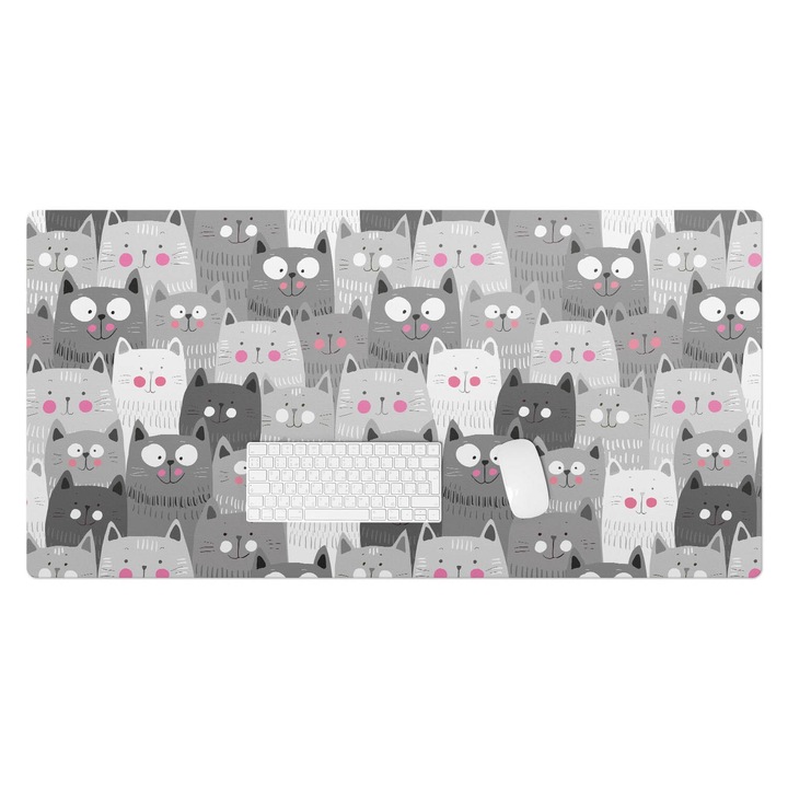 Mapa de birou, Wallfluent, Model fara sudura de pisici adorabile, Gri, 120x60 cm, 010250300030100074706