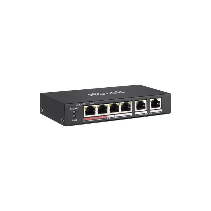 Switch PoE cu 4 porturi HikVision HiLook NS-0106P-35, 10/100 Mbps, 1.6 Gbps, 0.8928 Mpps, MAC 4K, fara management