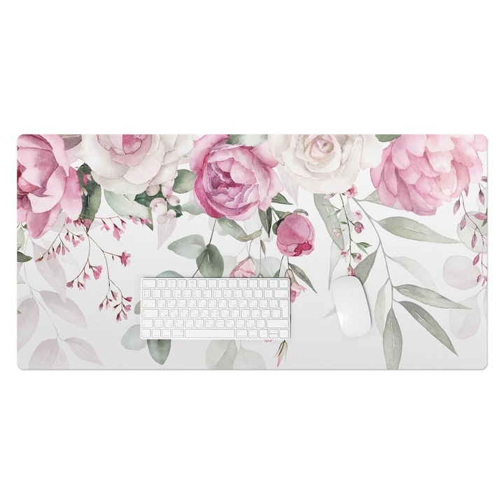 Mapa protectie birou, Wallfluent, Flori si frunze pastelate, Roz, 100x50 cm, 010250300020100088303