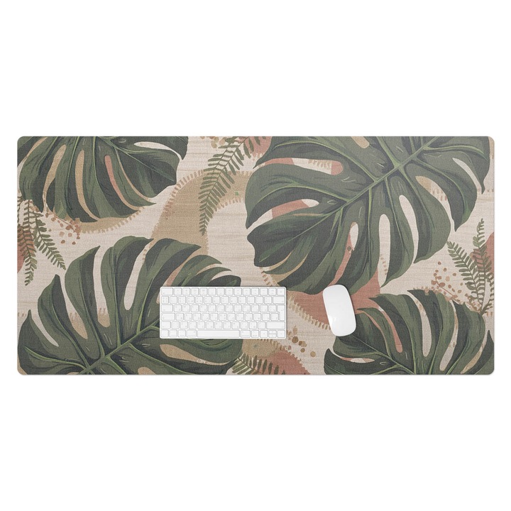 Mapa pentru birou, Wallfluent, Frunze de monstera retro, Verde, 120x60 cm, 010250300030100281981