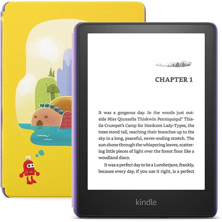 Четец на електронни книги Amazon Kindle Paperwhite Kids Robot Dreams, Екран 6.8", 300ppi, 16GB Flash, USB Type-C, WiFi Yellow