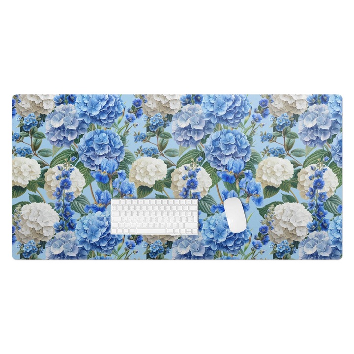 Mapa de birou, Wallfluent, Model floral de hortensie, Albastru, 120x60 cm, 010250300030100282792