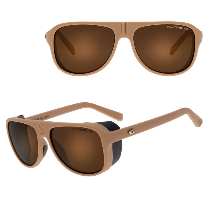 Ochelari de soare polari GOG FITZ ROY cu protectie laterala, bej mat, lentile aurii, dimensiuni 13.5x4.9cm, set cu sac micromfibra.