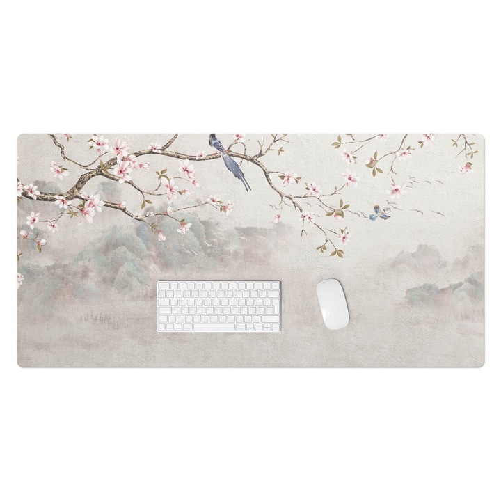 Mapa pentru birou, Wallfluent, Flori si pasari pe ramura, Bej, 120x60 cm, 010250300030100282758