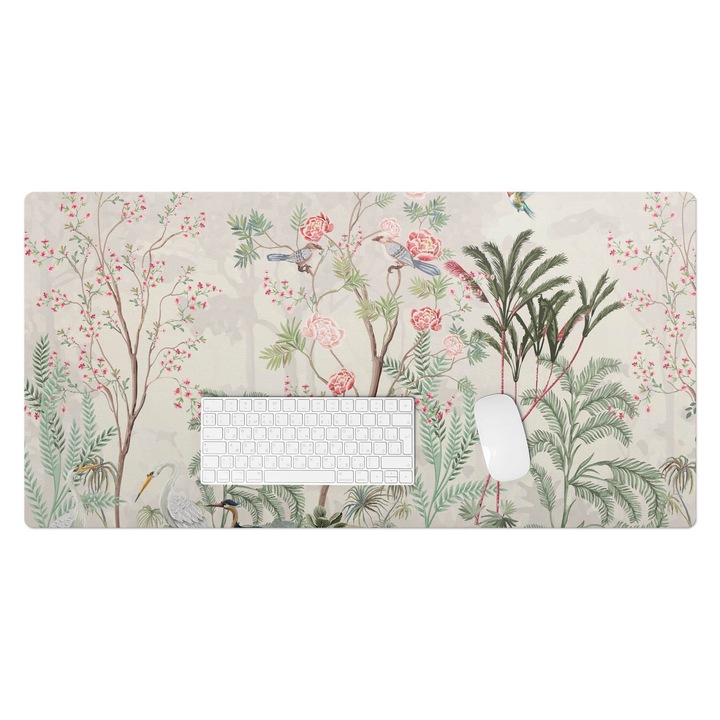 Mapa birou, Wallfluent, Pasari si flori exotice, Bej, 100x50 cm, 010250300020100282755