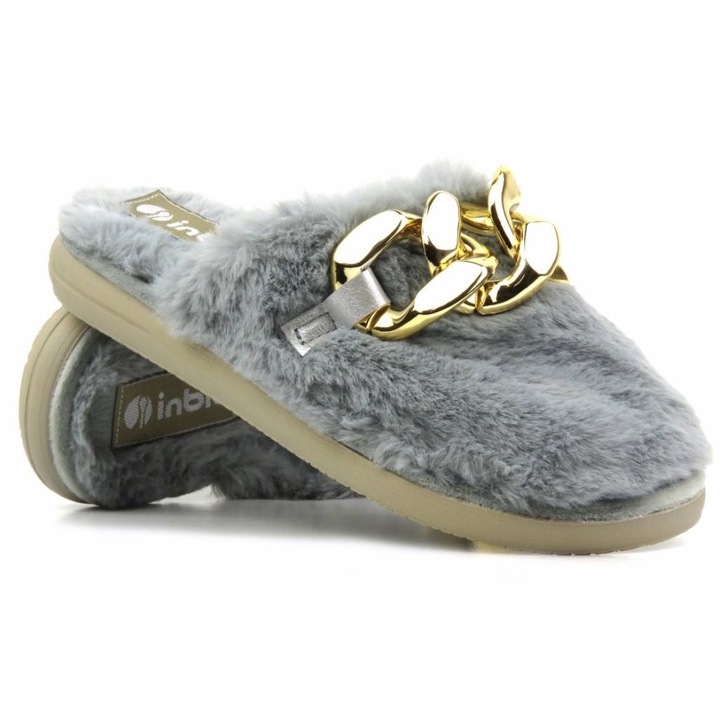 Papuci dama, Inblu, blana gri, talpa PU, decorati cu lant auriu