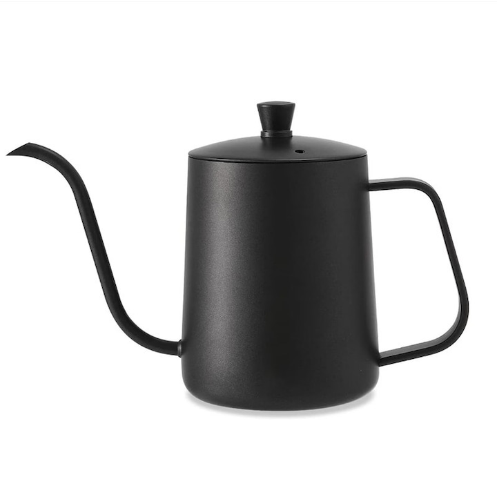 Ibric Gooseneck Profesional pentru Cafea, 600 ml, Otel Inoxidabil Mat, Negru, Design Atractiv pentru Turnare Precisa si Durabilitate