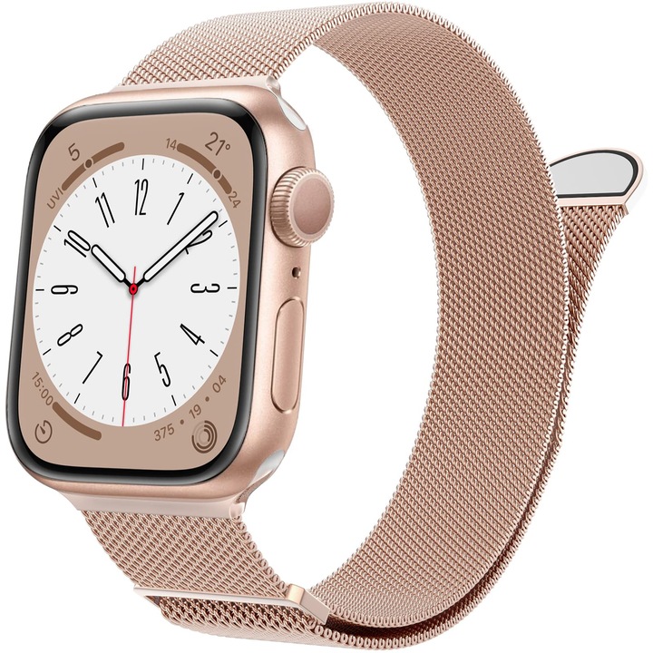 Curea Milanese Metalica, Apple Watch SE/9/8/7/6/5/4/3/2/1 - 38/40/41MM, LEIISVK, Ajustabila, Prindere Magnetica, din Otel Inoxidabil, Premium, Champagne gold