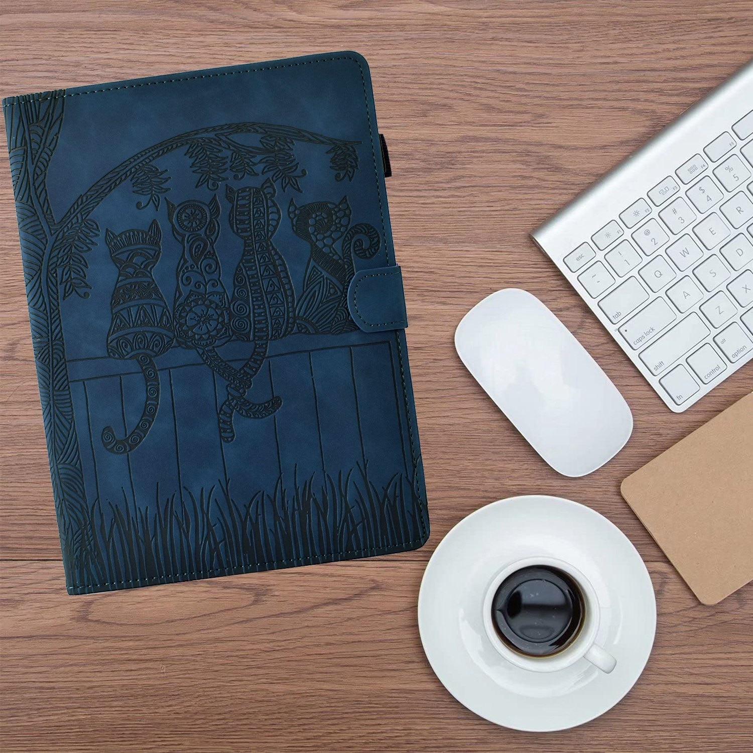 Husa tableta pentru Amazon Kindle Paperwhite 12th Gen 2024, piele gravata cu motive de pisici, tip carte inteligenta, inchidere magnetica, albastru inchis