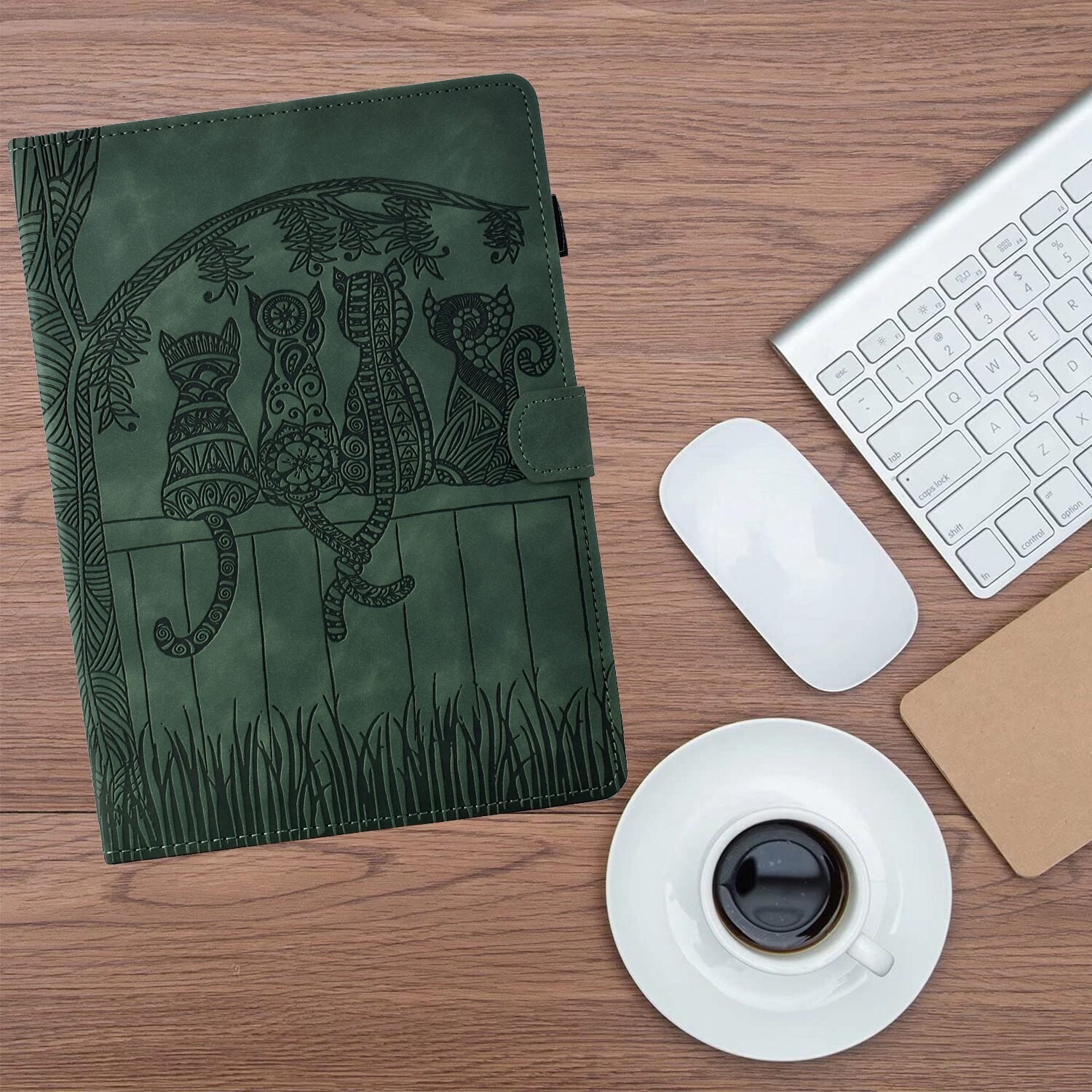 Husa tableta pentru Amazon Kindle Paperwhite 4 / 3 / 2 / 1, piele gravata cu pisici, tip carte cu inchidere inteligenta, verde