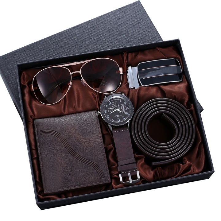 Set Cadou Premium Fudisenn® pentru Barbati, 4 Piese, Include Ceas Quartz Elegant, Portofel, Curea si Ochelari de Soare, Piele Ecologica, Cutie Business, Maro
