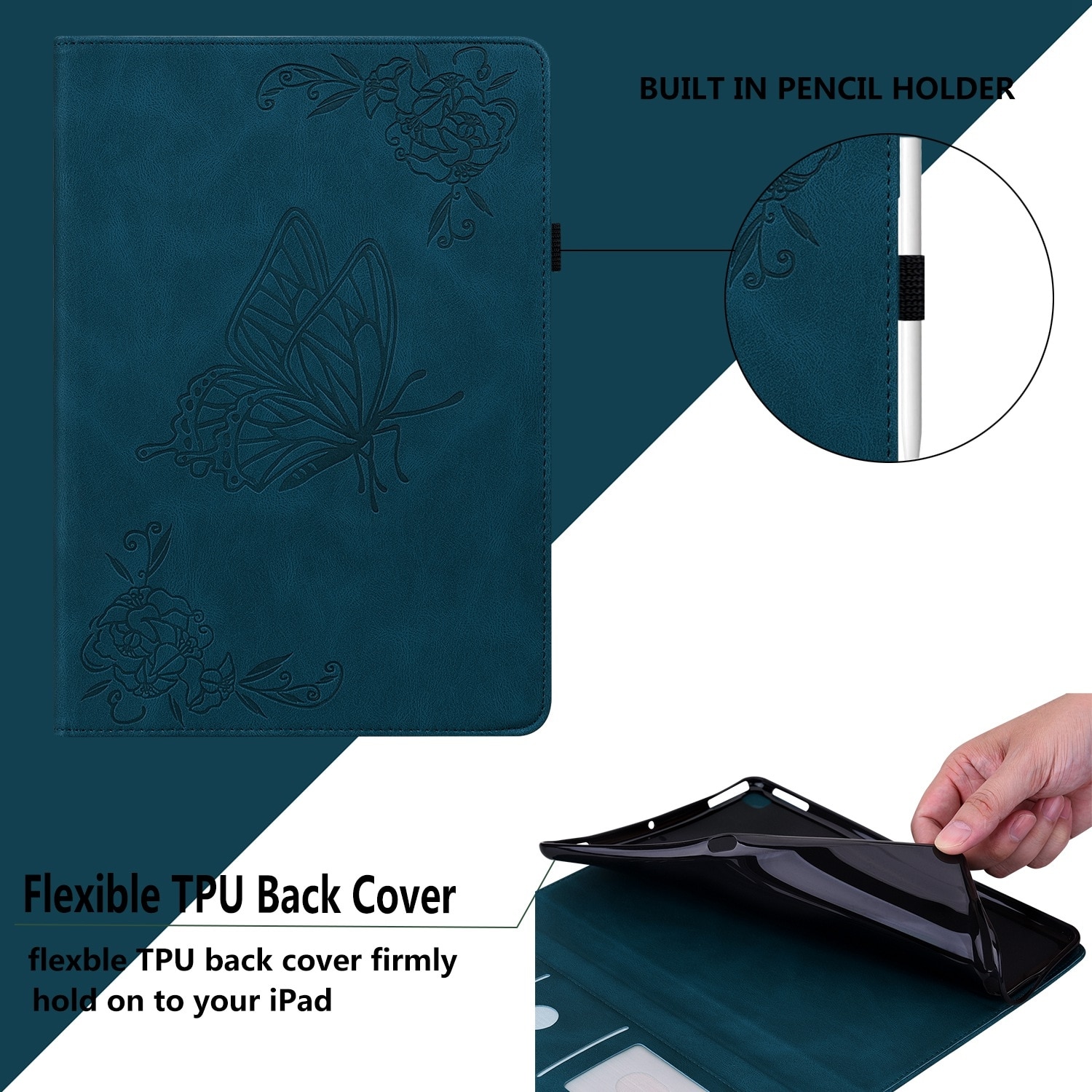 Husa tableta compatibila cu iPad Air 11, Design floricele fluture, Piele imprimata, Albastru