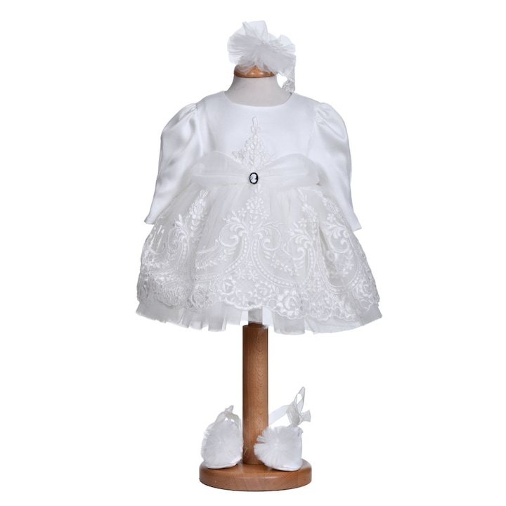 Rochita de botez alba, diafana, cu dantela, 3 piese, 6 - 9 luni, Denikos NK53