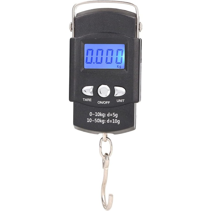 Cantar digital de mana cu carlig, cantar portabil, pescuit, cu maner, capacitate 50kg, cu metru incorporat, negru