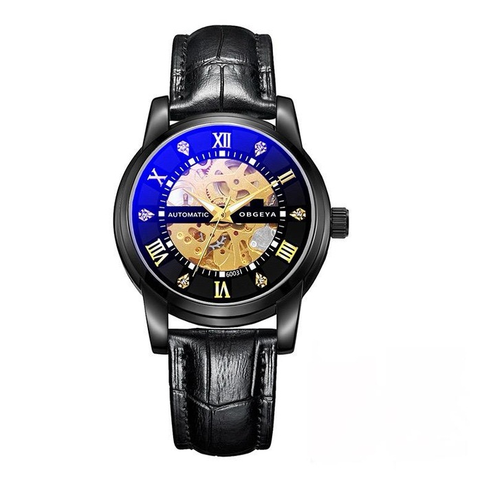 ceas barbati automatic, piele ecologica, negru, onola