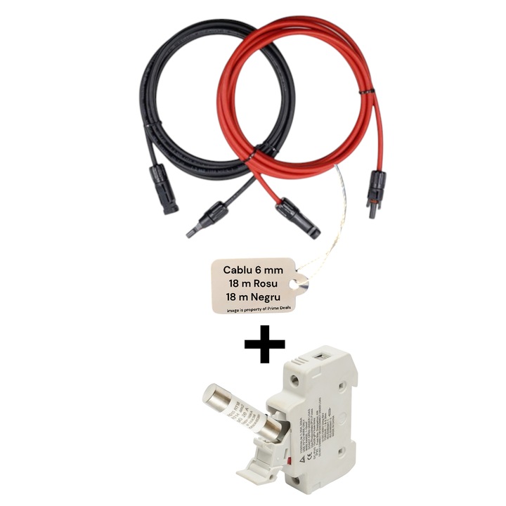 Set cablu solar fotovoltaic 2x18, negru & rosu 6mm cu protectie UV, soclu siguranta tip DIN + siguranta 20A tip 10x38mm