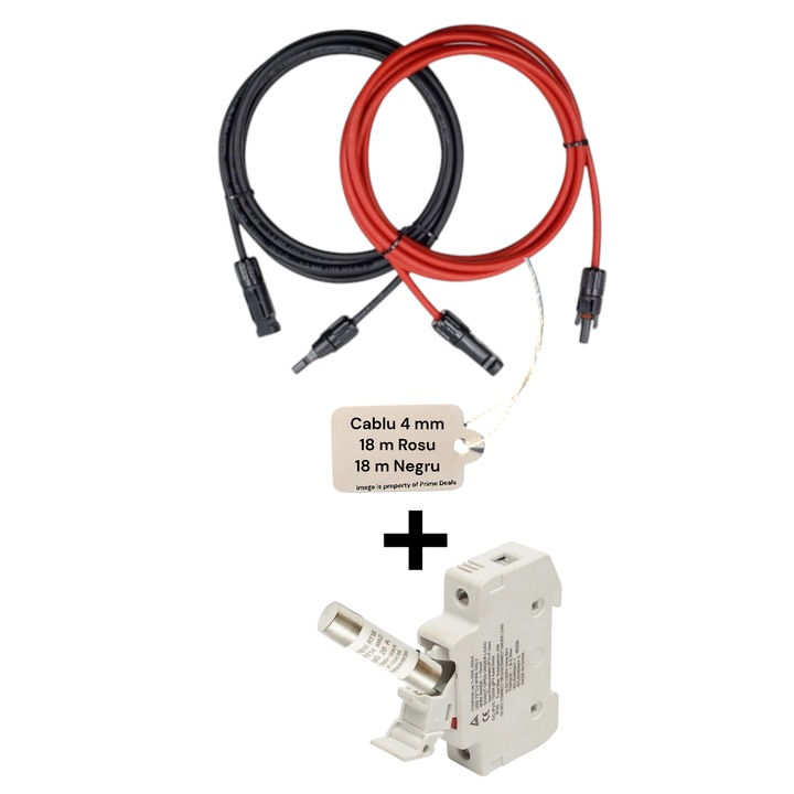 Set cablu solar fotovoltaic 2x18, negru & rosu 4mm cu protectie UV + soclu siguranta tip DIN + siguranta 20A tip 10x38mm