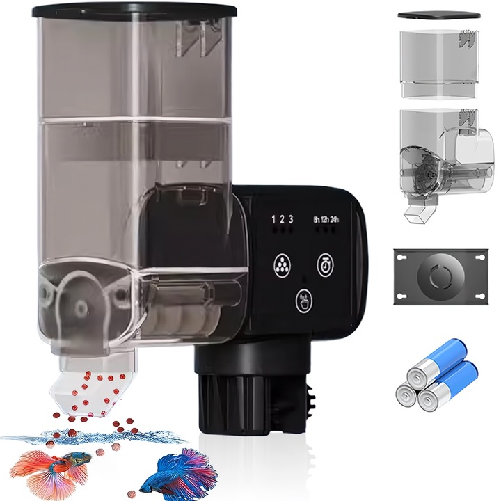 Alimentator automat pentru acvariu, Noonedibs, 250 ml, negru, cu display LCD și cronometru digital