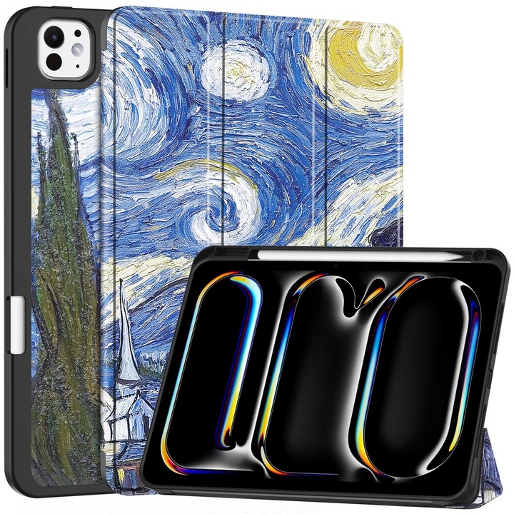 iPad Pro 11, 2024 készülékkel kompatibilis táblagép tok, állítható állvány, tollnyílás, intelligens bőr, tiszta égbolt