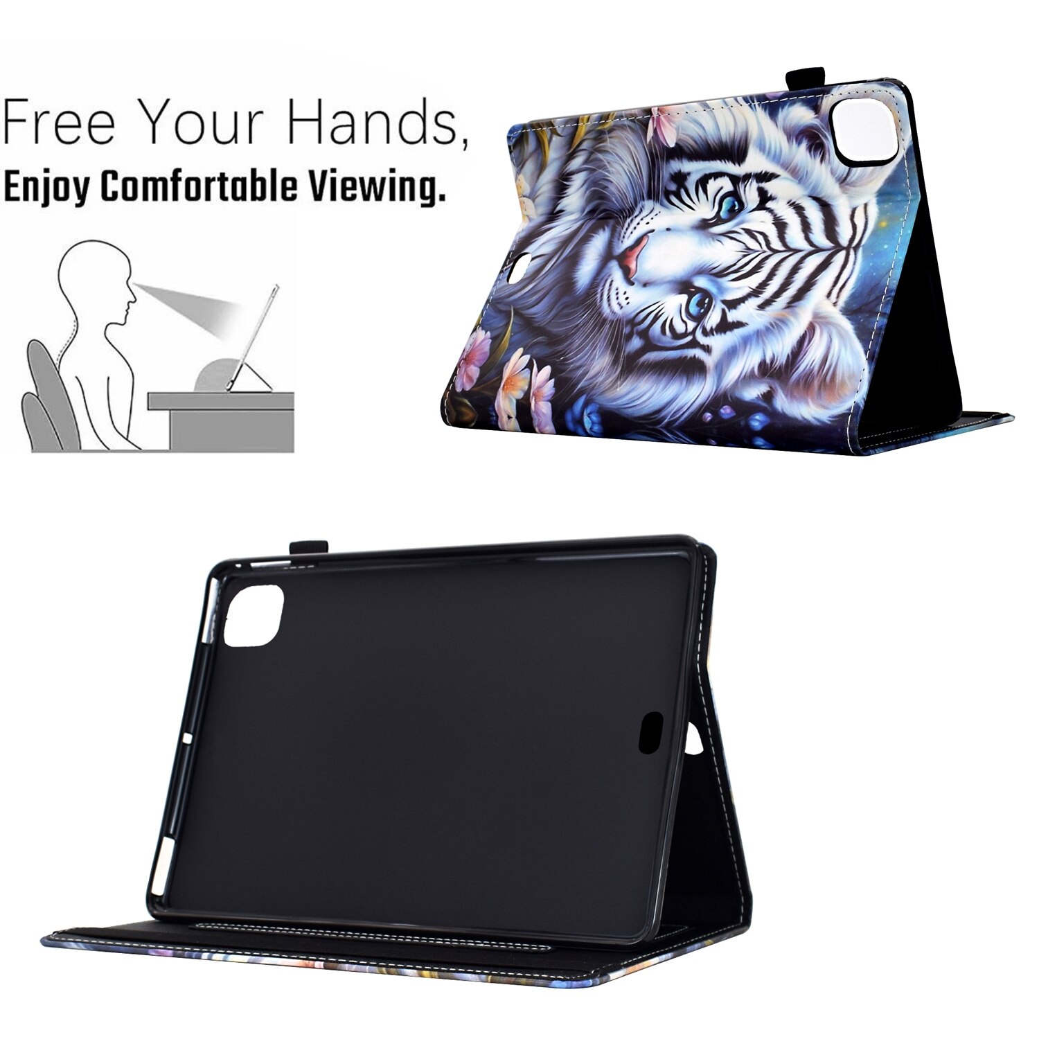 Husa tableta compatibila cu iPad Pro 11, Model Pictat, Piele, Motiv Tigru Alb