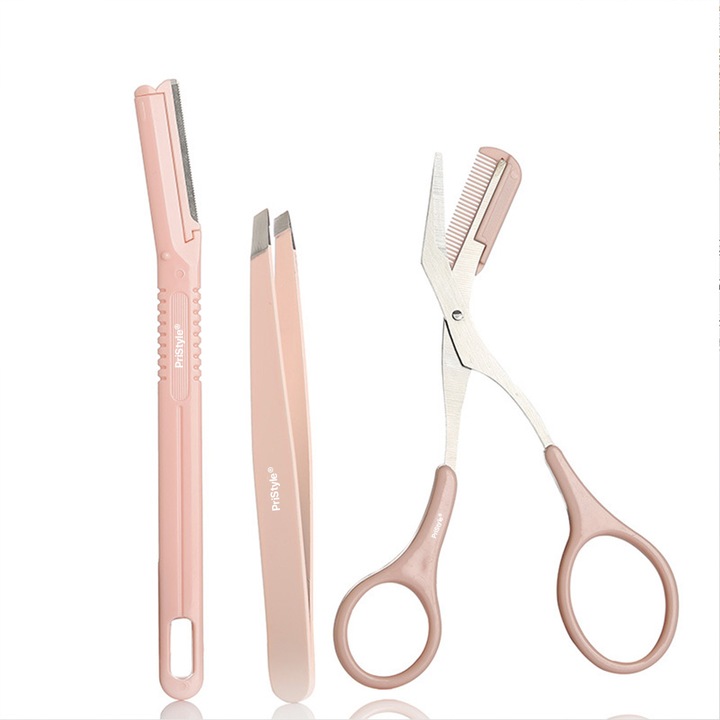 Set de Infrumusetare din 3 piese, pentru Indreptare si Retusare Sprancene si alt Par facial, cu Protectie pentru Ochi, Foarfeca, Brici, Penseta, Culori Pastel, Pristyle®