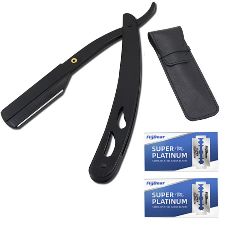 Set Brici Profesional Cu 20 Lame De Ras Super Trends® Din Otel Inoxidabil Si Husa Din Piele, Brici Clasic Pentru Barbierit, Brici Cu Lama InterSchimbabila Pentru Contur Barba, Set Brici Barbierit Elegant Si Portabil, Ideal Pentru Calatorii Si Salon, Culoa