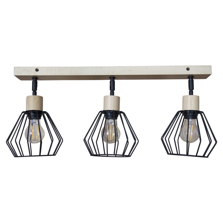 Дървен пендел, 3x60W, черни абажури от светло дърво