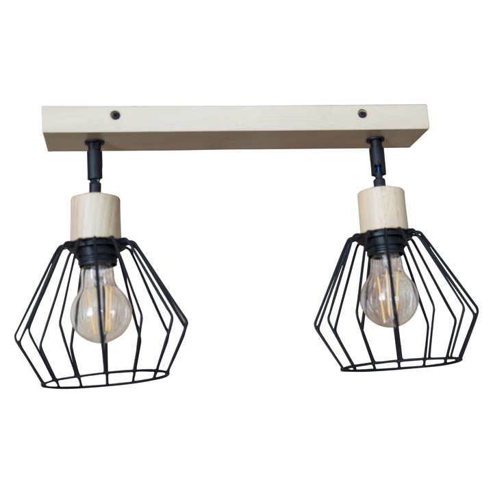 Плафон 2x60W, дървен, черни телени абажури в светло дърво