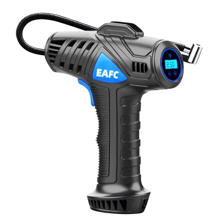 Compresor Auto Portabil, Ecran Digital, Functie Manometru, Baterie Externa, Lanterna LED, 6000 mAh, 150 PSI, Kit Profesional Vulcanizare Rapida, 4 capete de umflare