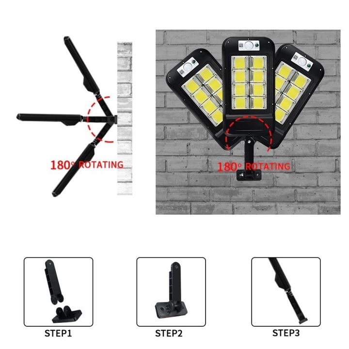 Lampa Solara De Exterior LED OEM, 36 cm x 11.5 cm, kit montare inclus, 2880 Lumeni 120 COB LED 24 W - echivalent 192 W bec incadescent, IP65, Senzor de Miscare, 3 moduri de iluminare, Senzor de Lumina, 12 Grile, Alb Rece