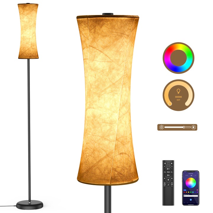 Lampa de podea Amdelne RGB LED, lampa de joc, inaltime 171 cm, cu functie de sincronizare a muzicii APP Bluetooth + telecomanda 2,4g, abajur din material, rotund