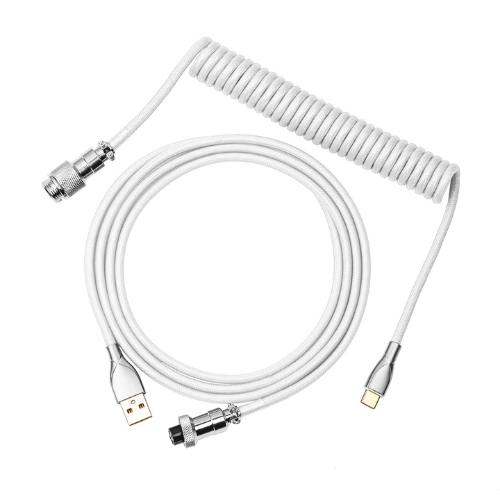 Cablu Coiled Mix 1.8m, LYCENXI, USB C la USB A, cu Conector Metalic Detasabil, Alb