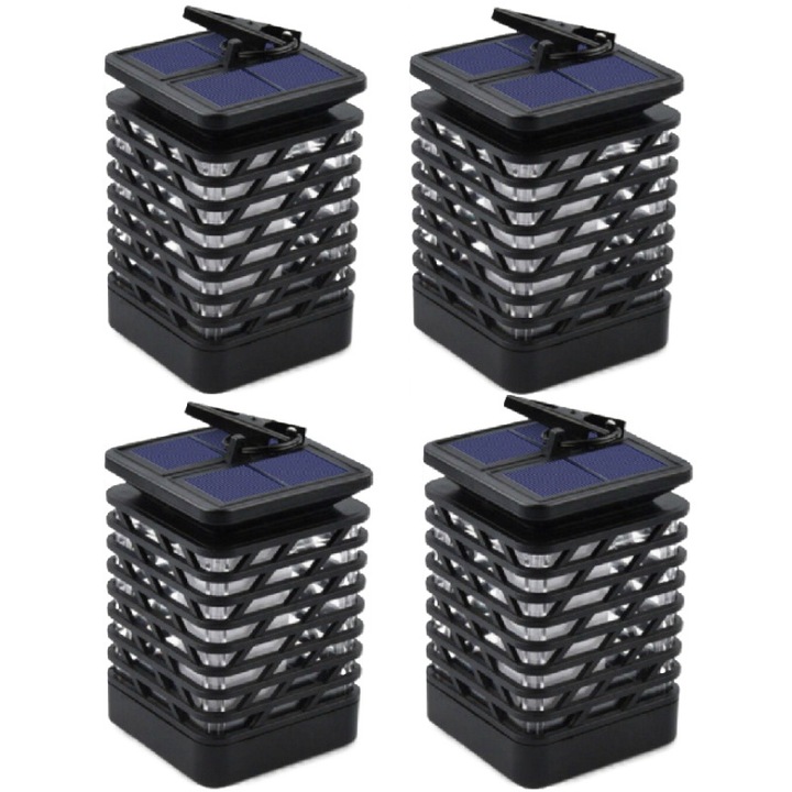 Set 4 Lampi Solare HOZRO, Tip Flacara, Design Elegant, 90x90x145mm, Material ABS Durabil, Baterie Reincarcabila 1500mAh, Temperatura Culoare 1400K-1600K, Efect de Flacara Realist, Negru