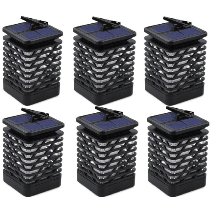 Set 6 Lampi Solare HOZRO, Tip Flacara, Design Elegant, 90x90x145mm, Material ABS Durabil, Baterie Reincarcabila 1500mAh, Temperatura Culoare 1400K-1600K, Efect de Flacara Realist, Negru