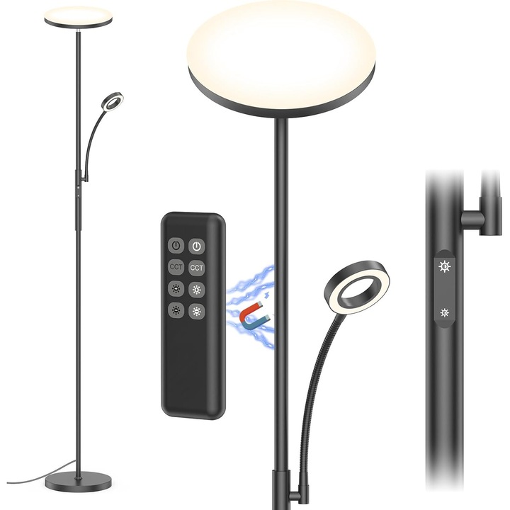 Lampa de podea LED Amdelne, lampa de citit 30W+5W 3500LM, culoare reglare 3000K-6000K, cu telecomanda magnetica, grad de eficienta energetica E, negru