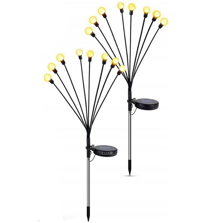 Set 2 x Lampa Solara Decorativa EDAR, Impermeabila, Efect De Licurici, Doua Moduri De Lumina, Fixare In Pamant, Tarus Inclus, Lumina Calda
