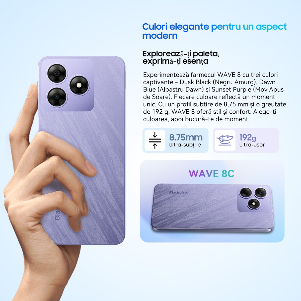 Telefon mobil Blackview WAVE 8, 4G, 6.56" HD+, 4G Octa-Core, 13MP+8MP AI Camera 5000mAh/10W Cell Phone, 12GB Ram(4GB + 8GB / 2TB), 128GB Rom, Android 15, 5000mAh, GPS/Fingerprint/Face ID, Violet