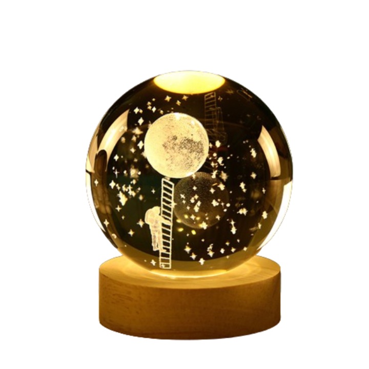 Glob de cristal cu baza din lemn, iluminare LED, decoratiune multifunctionala