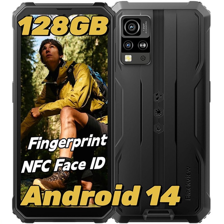 Смартфон Blackview BV4800 Pro, 4G, 12GB Ram (4GB + 8GB разширяема), 128GB, 6.56'' HD+, Android 14, 5180mAh, прахоустойчив/падоустойчив/водоустойчив, отключване с пръстов отпечатък/Face ID/NFC, черен