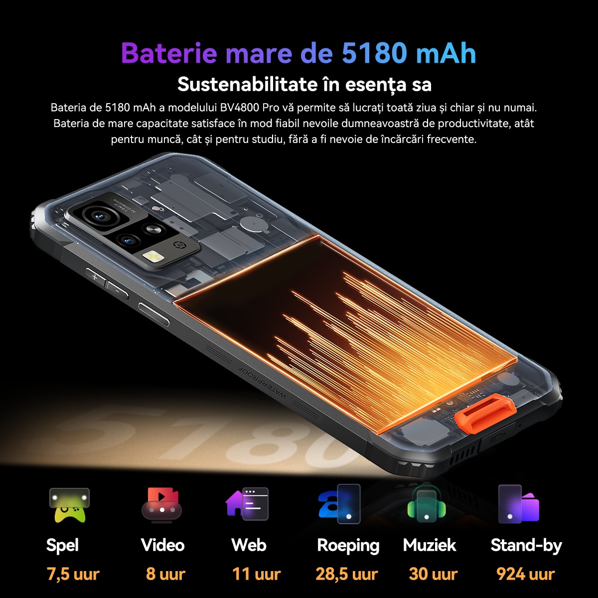 Telefon mobil Blackview Bv4800 Pro, 4G, 12GB Ram(4GB + 8GB extensibili 2To), 128GB, Dual SIM, 4 nuclee, 6.56'' HD+, Android 14, 5180mAh, Amprenta digitala/fata/NFC, Portocaliu