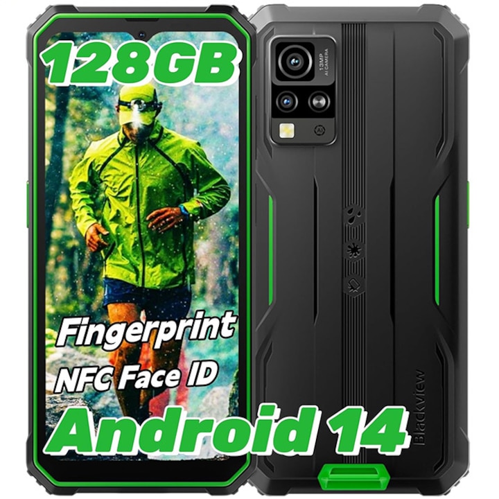 Смартфон Blackview BV4800 Pro, 4G, 12GB Ram (4GB + 8GB разширяема), 128GB, 6.56'' HD+, Android 14, 5180mAh, прахоустойчив/падоустойчив/водоустойчив, отключване с пръстов отпечатък/Face ID/NFC, зелен
