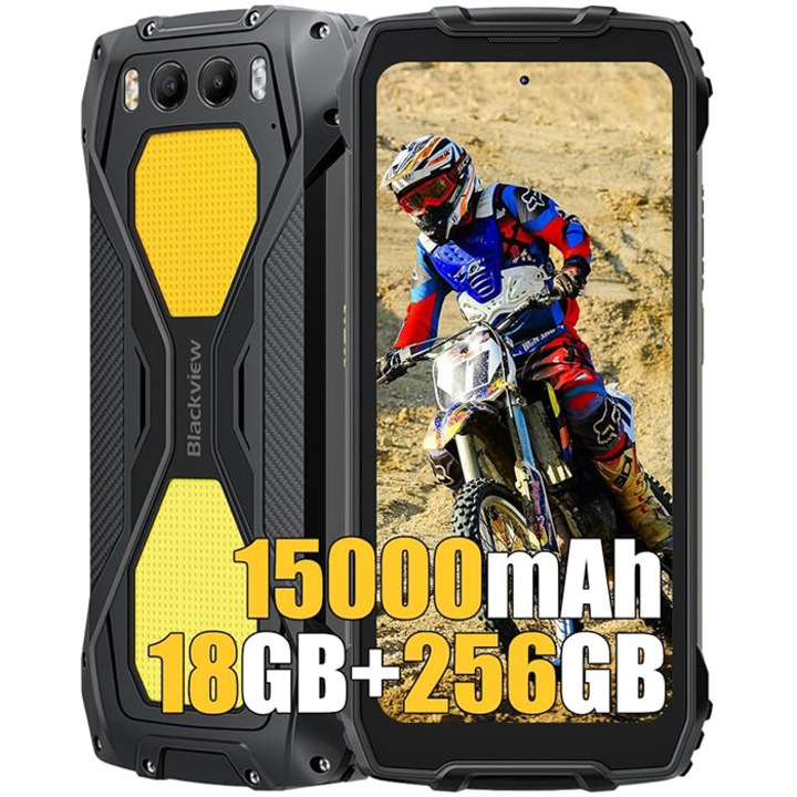 Telefon mobil Blackview BV7300, 18GB Ram(6GB + 12GB extensibili), 256GB, 8 nuclee, 6.67'', Android 14, 15000mAh, Rezistent la praf/anti-picatura/impermeabil, Deblocare amprenta/Fata ID/NFC, Negru