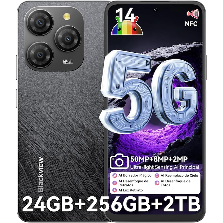 Telefon mobil Blackview Shark 9, 5G, 24GB Ram(8GB + 16GB/2TB), 256GB, 50MP+8MP, Octa-Core Android 14, 5000mAh/18W Cell Phone, 6.67" HD+, GPS/Fingerprint/Face ID Mobile Phones, Negru