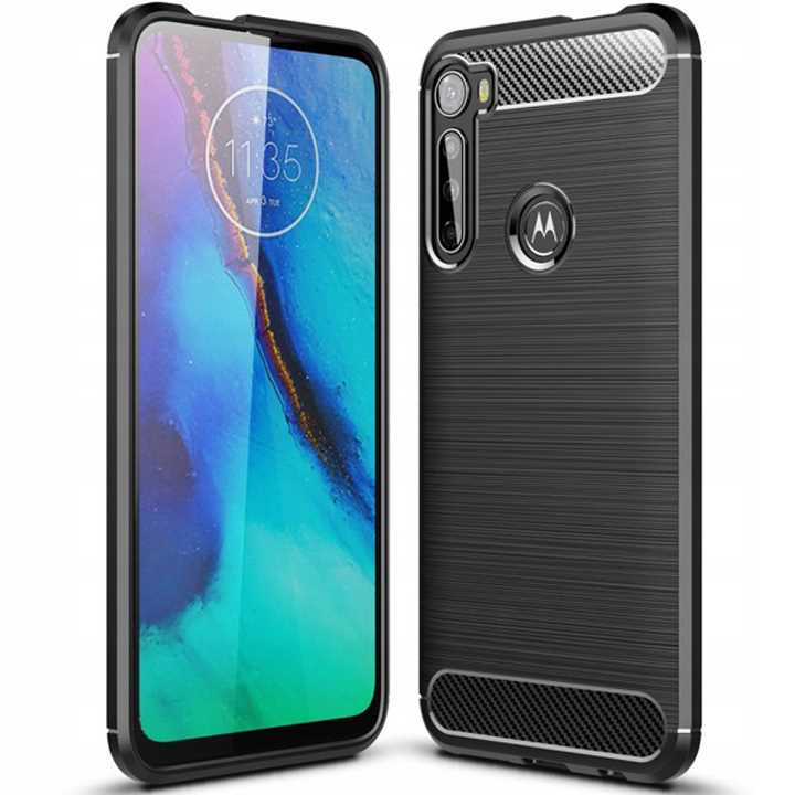 Husa blindata pentru Motorola One Fusion+, Spacecase Carbon puternica, durabila, care absoarbe socurile, rezistenta la zgarieturi, rezistenta la cadere, eleganta, textura Carbon, negru bine montat
