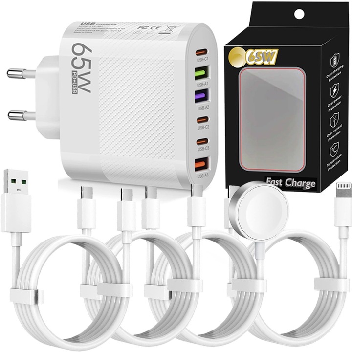 65 W-os 6 az 1-ben gyorstöltő, 8 darabos készlet, fehér