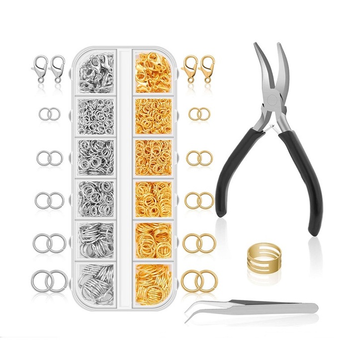 Set de inele de salturi si cleme, Yakumuz, 1200 piese, argintii si aurii, unelte incluse