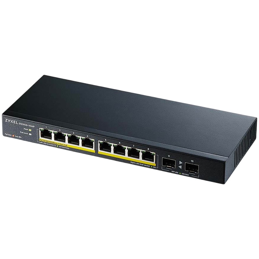Switch Zyxel GS1100-10HP 10 porturi (8 X Gigabit PoE+ cu 2 X Gigabit SFP) Unmanaged 130 watt 246 mm x 65 mm Negru
